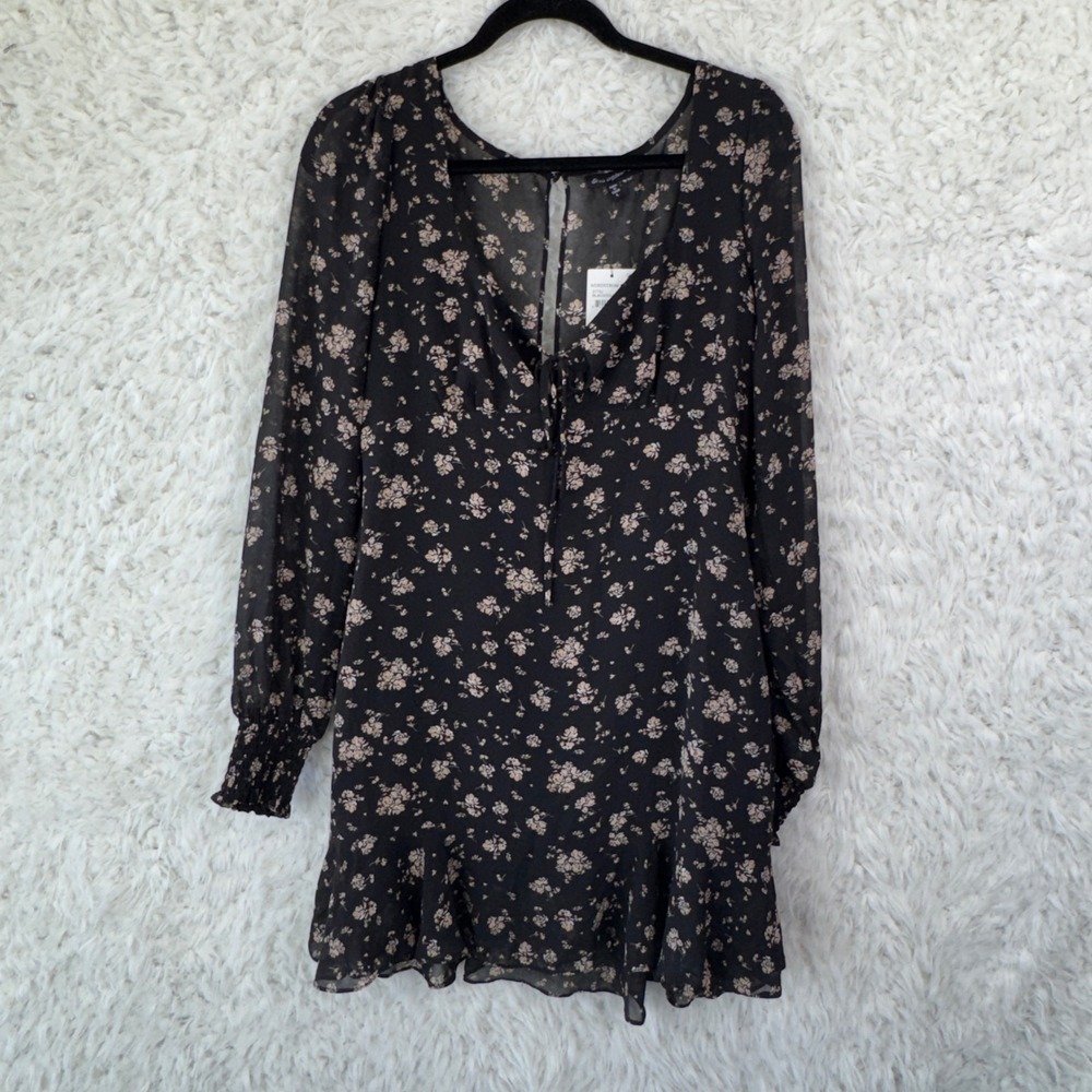Ever After Floral Mini Dress L Black Taupe Cottagecore Boho Ruffle Long Sleeve